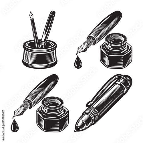 silhouette of vintage pen set bundle on the white background 