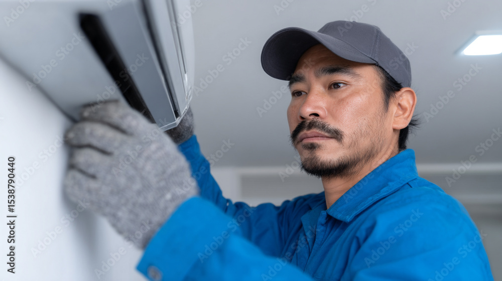 A man servicing an air conditioner. A man servicing an air conditioner.