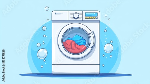 A white washing machine with a partially open door, revealing red and blue clothes inside, sits against a light blue background adorned with bubbles, suggesting cleanliness and freshness