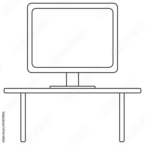 Computer monitor desktop. Office workplace screen. Blank display table. Vector line art.