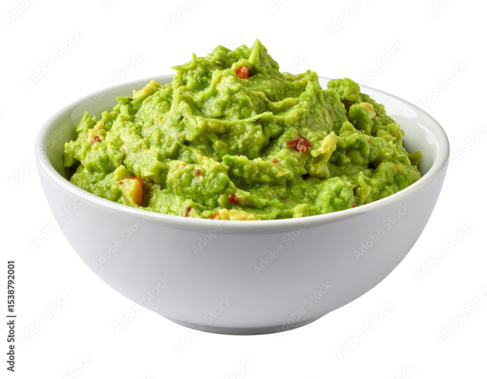 A white bowl filled with creamy, chunky guacamole, featuring visible pieces of avocado and small red chili flakes. A white bowl filled with creamy, chunky guacamole, featuring visible pieces of avocado and small red chili flakes.
