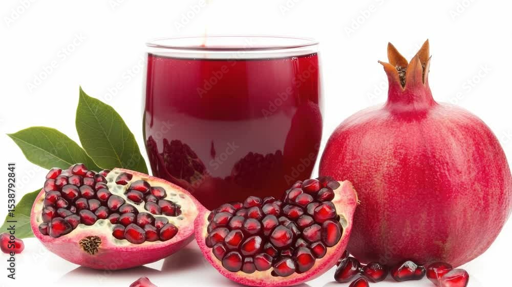 A glass of pomegranate juice next to a cut pomegranate with seeds A glass of pomegranate juice next to a cut pomegranate with seeds