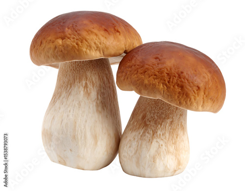 Two fresh porcini mushrooms with brown caps and creamy white stems on a white background.