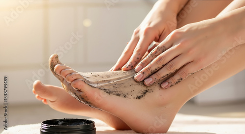 Woman applying black charcoal exfoliating scrub on hands with jar nearby. Skincare hand care detox treatment spa wellness anti aging cosmetic dermatology therapy