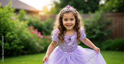 Happy girl in purple princess dress with sparkly tiara dancing in garden. Fantasy play and costume concept for birthday parties and dress-up activities
