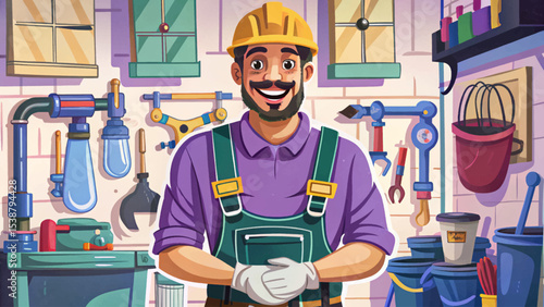 plumber with cheerful expression wearing uniform , standing confidently, ready to fix household issues concept of professional repair services
