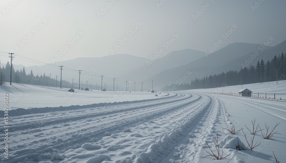 A snow-covered track winds through a winter landscape. A snow-covered track winds through a winter landscape.