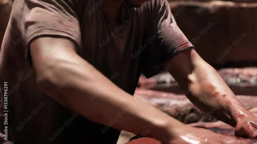 Dedicated Moroccan Tanner Cleansing Hands During His Laborious Traditional Craft. Dedicated Moroccan Tanner Cleansing Hands During His Laborious Traditional Craft.