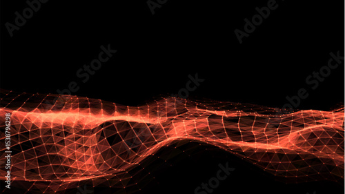 Vector orange wave with motion dots and lines. Abstract digital background. Concept connection big data. Futuristic technology backdrop.