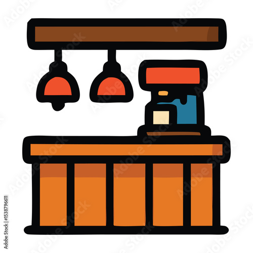 Icon of Barista station bar counter with lights, coffee machine ideal for coffee shop marketing, social media, and cafe illustrations.