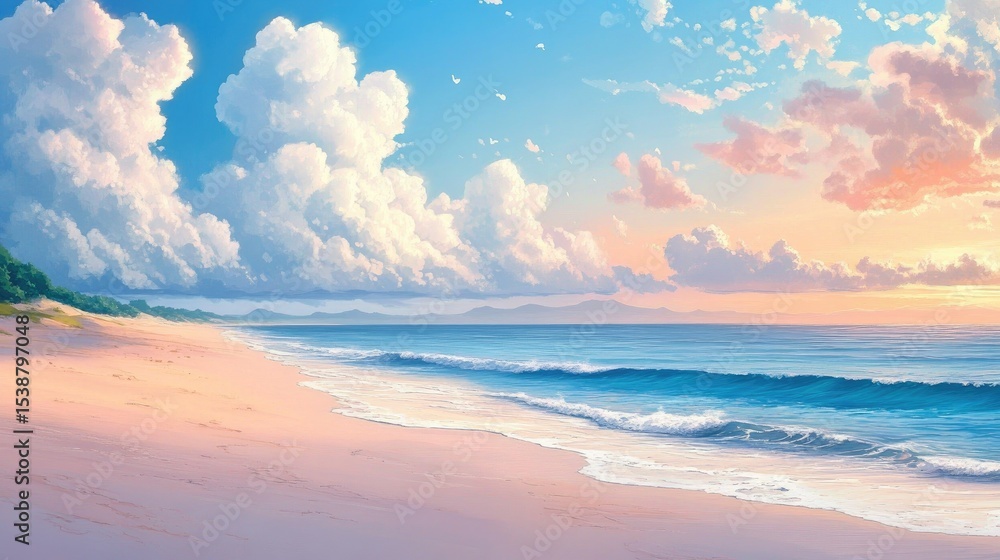 Serene Beach Landscape with Vibrant Sky and Gentle Waves at Sunset Serene Beach Landscape with Vibrant Sky and Gentle Waves at Sunset