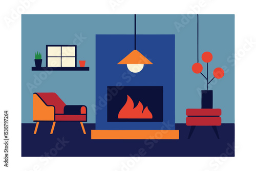 Cozy Mid-Century Modern Living Room with Fireplace  A Geometric Interior Design Illustration