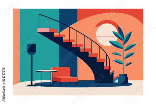 Mid-Century Modern Interior Design A Stunning Spiral Staircase and Cozy Seating Area