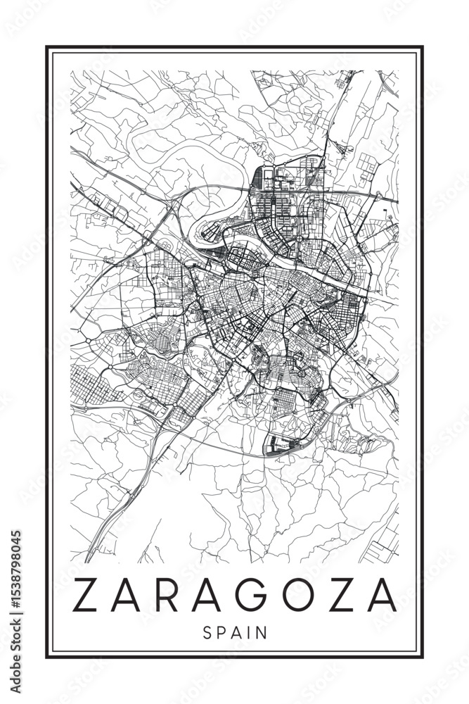 Obraz premium Hand drawn printable downtown road map poster of the Spanish city of ZARAGOZA on solid white background with city name