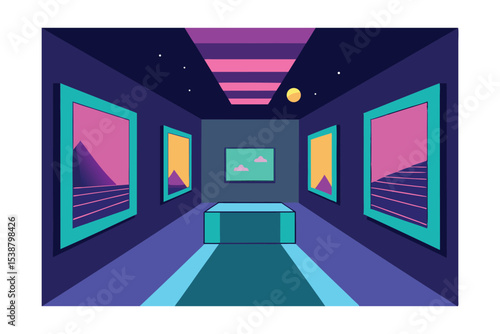 Retro Futuristic Art Gallery A Nighttime Synthwave Interior Illustration