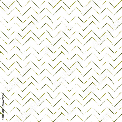 Seamless zig zag chevron pattern with watercolor brushstrokes in green and yellow tones. Trendy abstract design perfect for modern textiles, wrapping paper and home decor