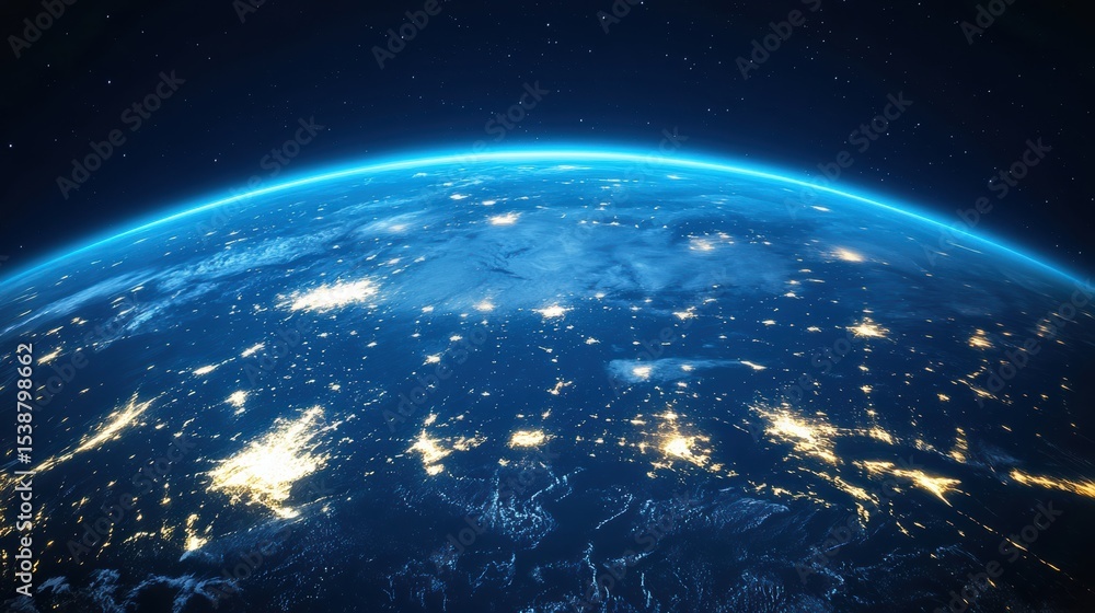 Obraz premium A vibrant view of Earth from space at night, showcasing city lights and the glowing blue atmosphere against a starry backdrop.