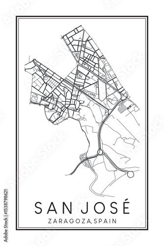Hand drawn printable downtown road map poster of district SAN JOSÉ of the Spanish city of ZARAGOZA on solid white background with city name