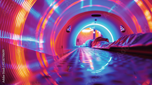 Colorful magnetic fields and focused energy beams from an MRI machine illustrate electrolyte stability, enhancing efficient energy circulation in advanced medical imaging systems