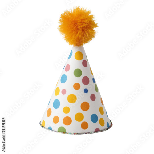 birthday hat with colorful polka dots and a yellow pom-pom on top, no text or images.