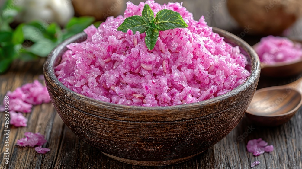 A dark-brown bowl filled with a vibrant pink, granular dish, likely a cooked root vegetable, garnished with fresh mint leaves A dark-brown bowl filled with a vibrant pink, granular dish, likely a cooked root vegetable, garnished with fresh mint leaves