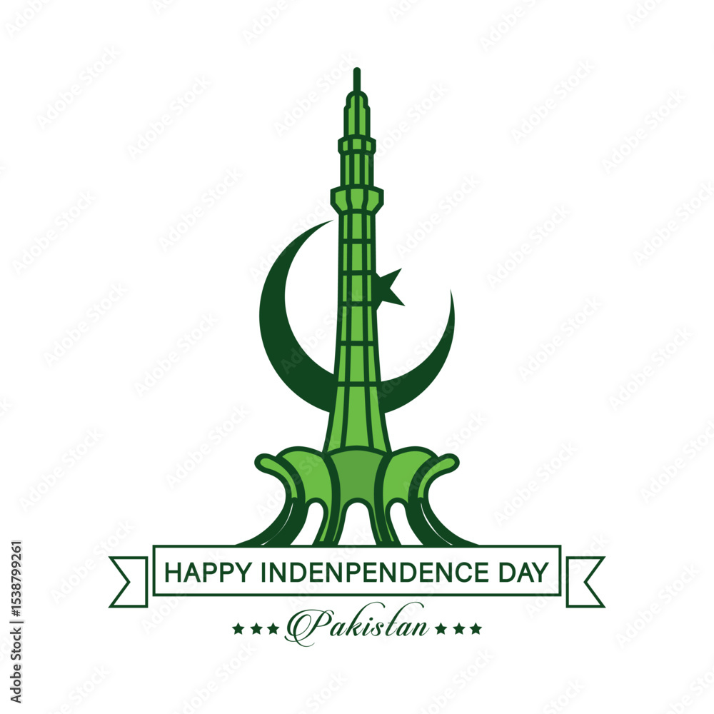 Pakistan Independence Day banner, poster, card, template with minar e pakistan, moon, stars, jet fighter, sparking light, with green and wight background Pakistan Independence Day banner, poster, card, template with minar e pakistan, moon, stars, jet fighter, sparking light, with green and wight background