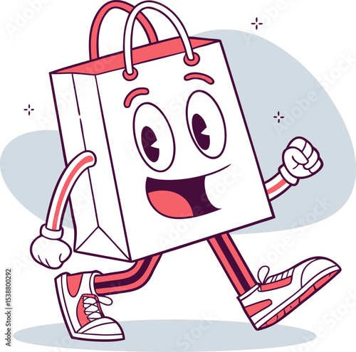 Happy Shopping Bag Mascot: An engaging, animated shopping bag character bounds forward with cheerful expression and a vibrant, energetic demeanor.