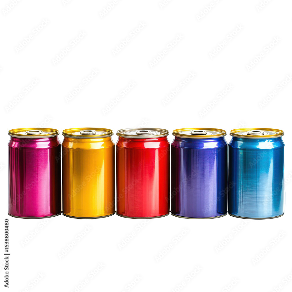 Colorful Aluminum Beverage Cans in a Row on a White Background on transparent background Colorful Aluminum Beverage Cans in a Row on a White Background on transparent background