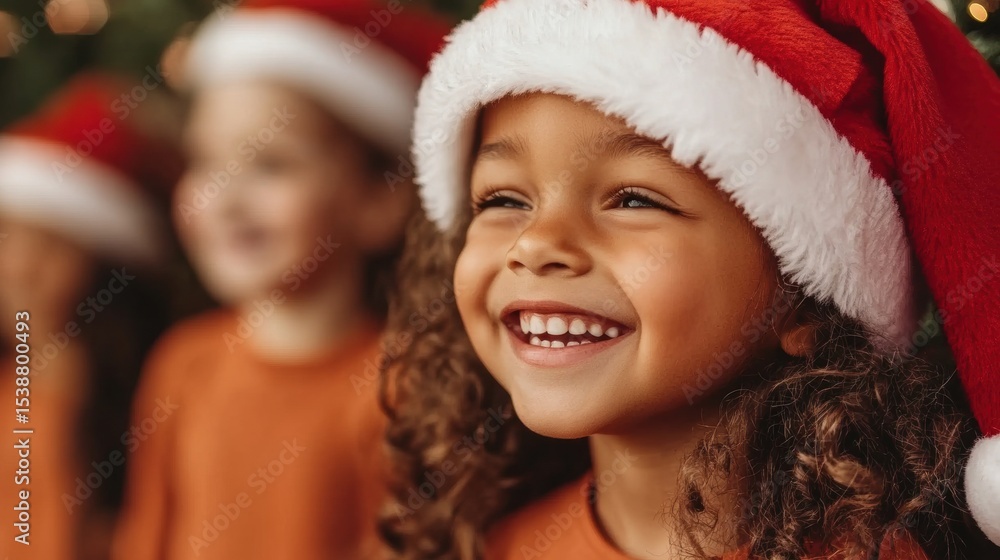 Joyful child wearing Christmas hat with friends in festive atmosphere Joyful child wearing Christmas hat with friends in festive atmosphere
