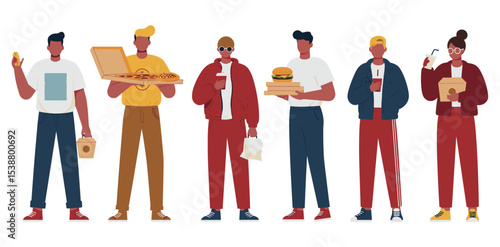 Flat vector of people carrying takeout food and drinks