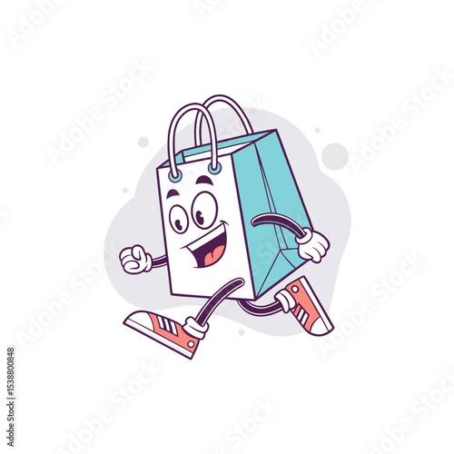 Energetic Shopping Bag: A lively shopping bag character dashes across the scene, exuding energy and enthusiasm with its smiling face and animated pose. A perfect embodiment of consumerism and retail