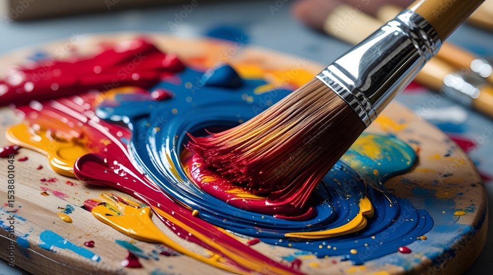 Fototapeta premium Paintbrush in Motion Vivid Color Swirls on an Artist Palette