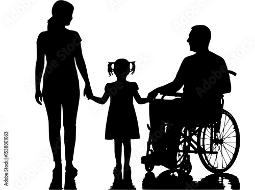 Family portrait mother and little daughter holding hands of disabled father in wheelchair front view black silhouette.
