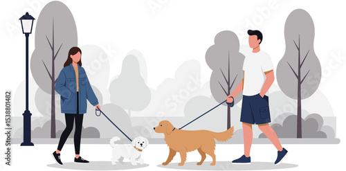  Flat vector dog walkers in urban park