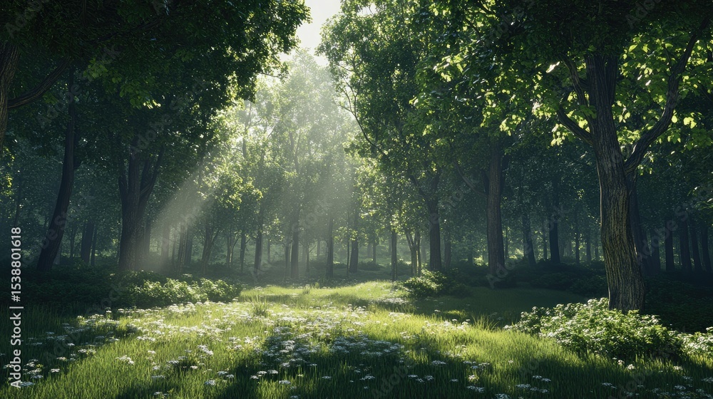 Obraz premium Ethereal Forest Landscape with Sunlight Filtering Through Green Canopy and Flower-Filled Ground in Peaceful Nature Scene