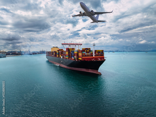 plane logistic and cargo container ship sailing in sea  import export goods and distributing products to dealer and consumers across worldwide, by container ship industry