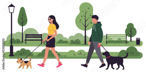  Flat vector dog walkers in urban park