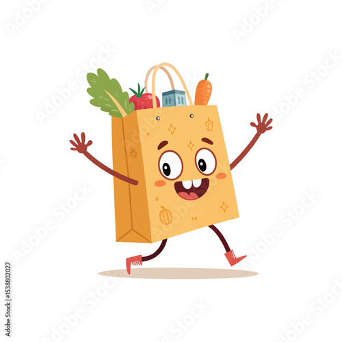 Bag of Happiness: A cheerful cartoon grocery bag filled with fresh produce, joyfully dancing and spreading delight in an expressive, artistic illustration. 