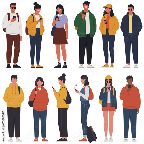 Flat vector people waiting for taxi or rideshare