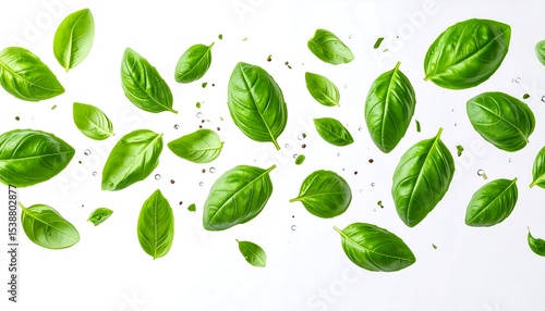 Product Studio Photo Fresh Basil Leaves Levitating with Dew Drops