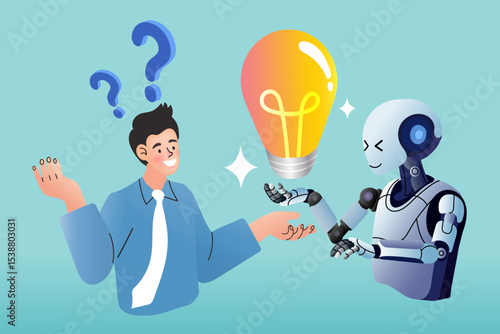 Artificial intelligence and business solution concept. An AI robot offers a lightbulb, a symbol for a creative idea and innovation, to a confused businessman, representing technological support .
