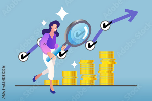 A businesswoman uses a magnifying glass to analyze a growth graph with checkmarks. Stacks of coins represent financial success achieved through careful data analysis, auditing, and business strategy.