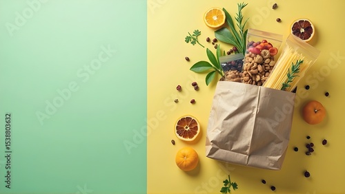 A Modern Minimalistic Grocery-Themed Flat Lay Fresh Produce and Pantry Staples