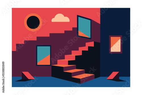 Abstract Surreal Staircase Geometric Shapes and Shadows in a Dreamlike Architectural Scene