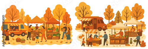 Family enjoying a vibrant autumn farmers market with food trucks and pumpkin stands in a colorful park during a sunny afternoon