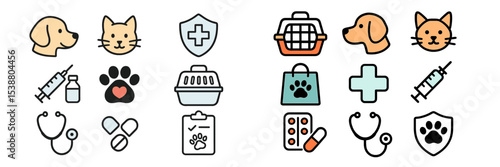Pet care icons depicting various activities and supplies for dogs and cats at an animal clinic