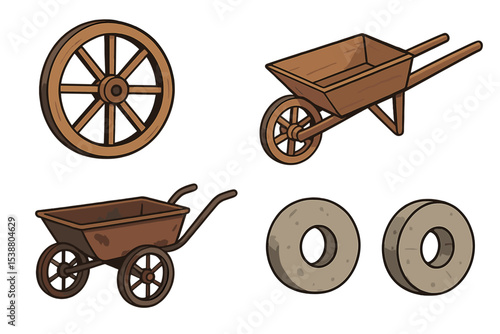 Wooden wheel and wheelbarrow collection with various designs and materials displayed creatively
