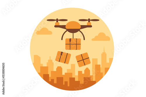 Drone delivers packages over a city skyline during sunset in a vibrant urban environment