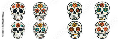 Colorful decorative skulls with floral designs celebrating cultural traditions and artistry in a vibrant arrangement