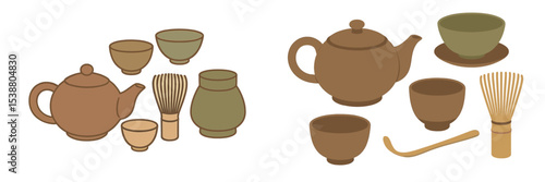 Various traditional teapots and tea utensils arranged elegantly on a minimalist background
